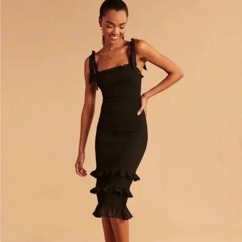 Abercrombie & Fitch Tie Strap Smocked Midi Dress Black Women's XS